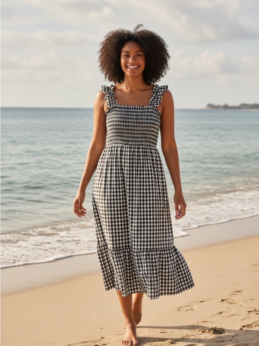 Black & White Gingham Ruffle Strap Midi Dress - Smocked Bodice